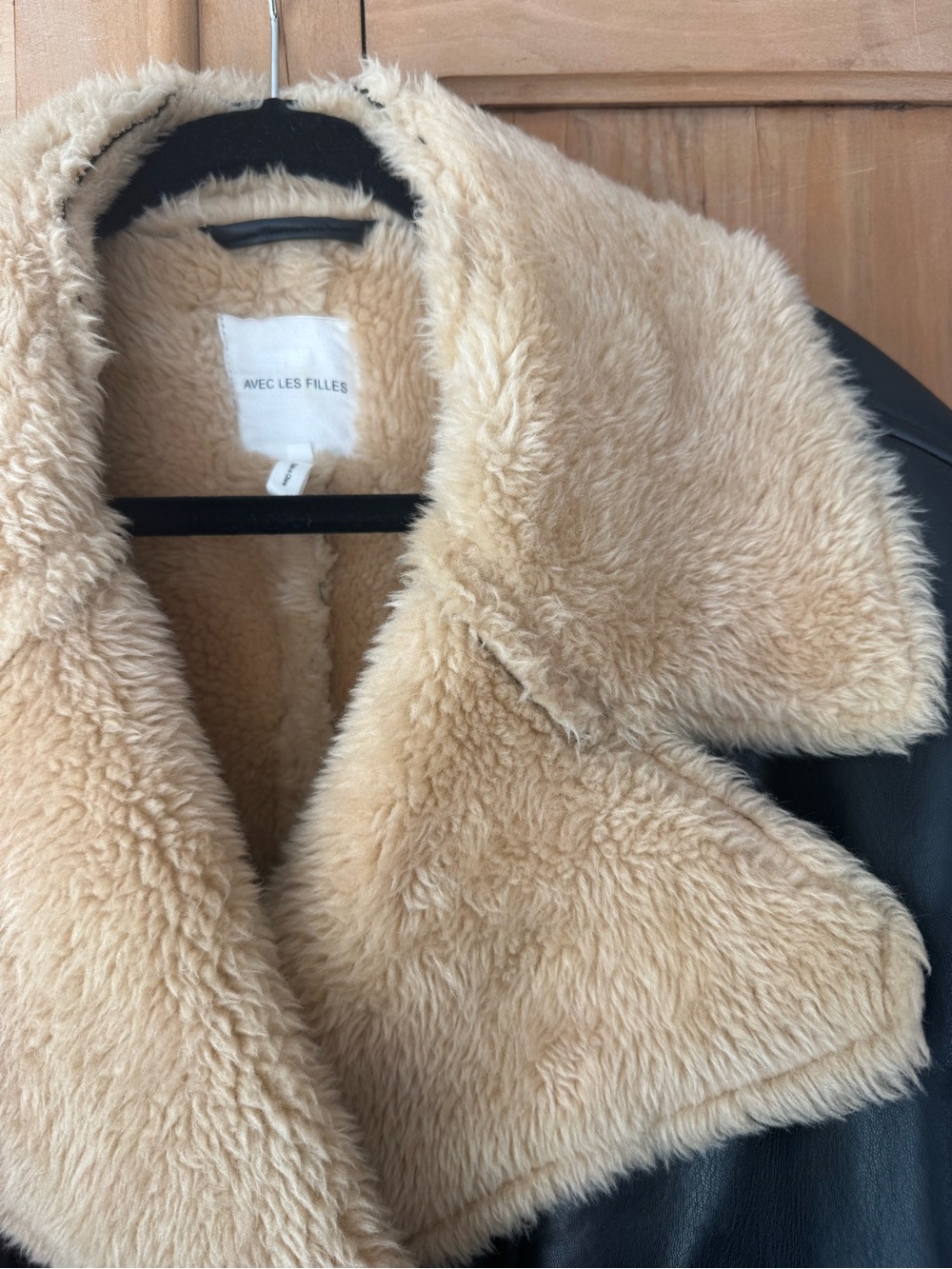 Avec Les Filles Black Faux Leather Jacket with Tan Shearling Trim - Picture 6 of 9